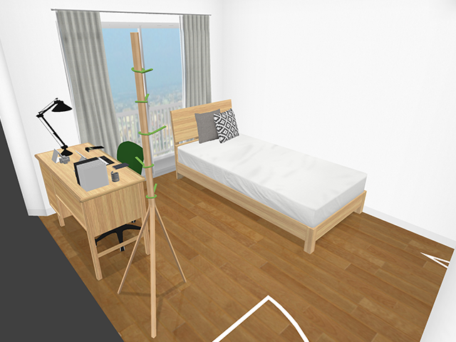 5畳のお部屋にシングルベッドを1台置いた場合のイメージ