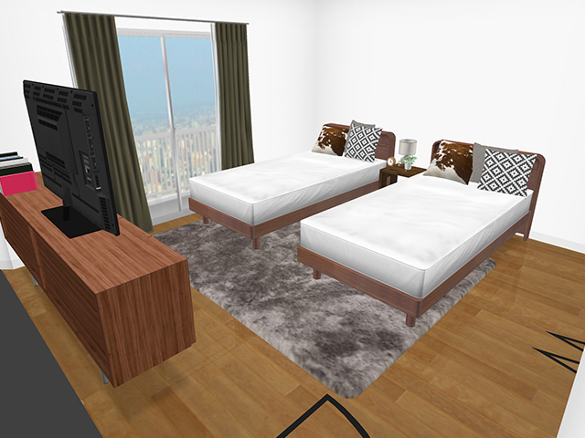 8畳のお部屋にシングルベッドを2台置いた場合のイメージ