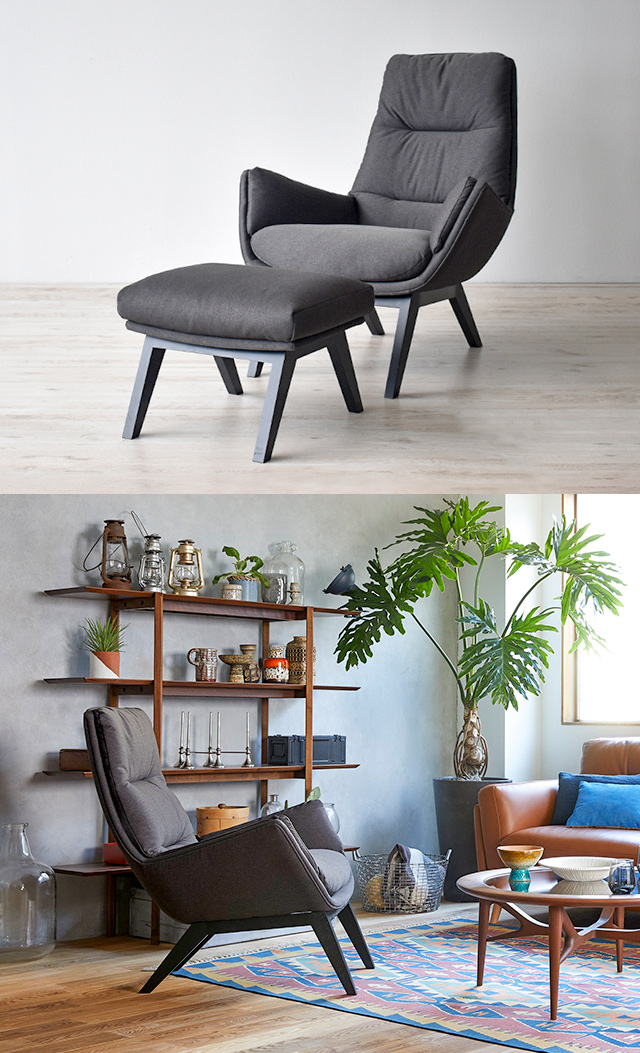 アームチェア 「モロ」 布チャコールグレー/脚ブラック オットマン 「モロ」 布チャコールグレー/脚ブラック